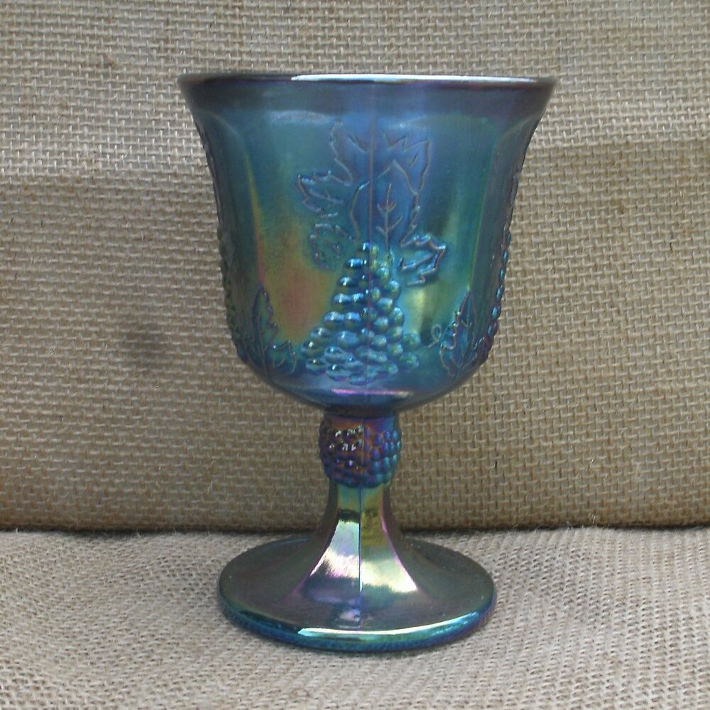 Vintage Indiana Glass Blue Carnival Grapes Goblet